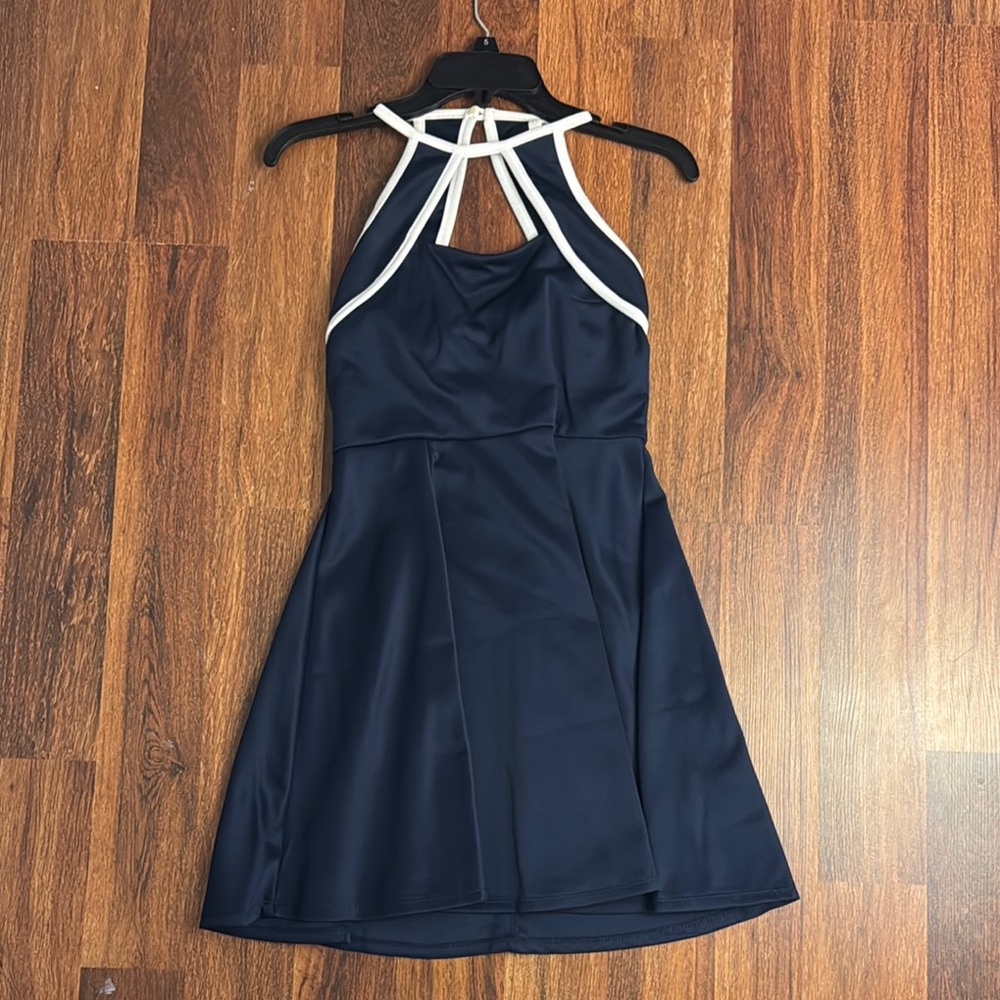 Navy Blue Halter Dress with White Trim